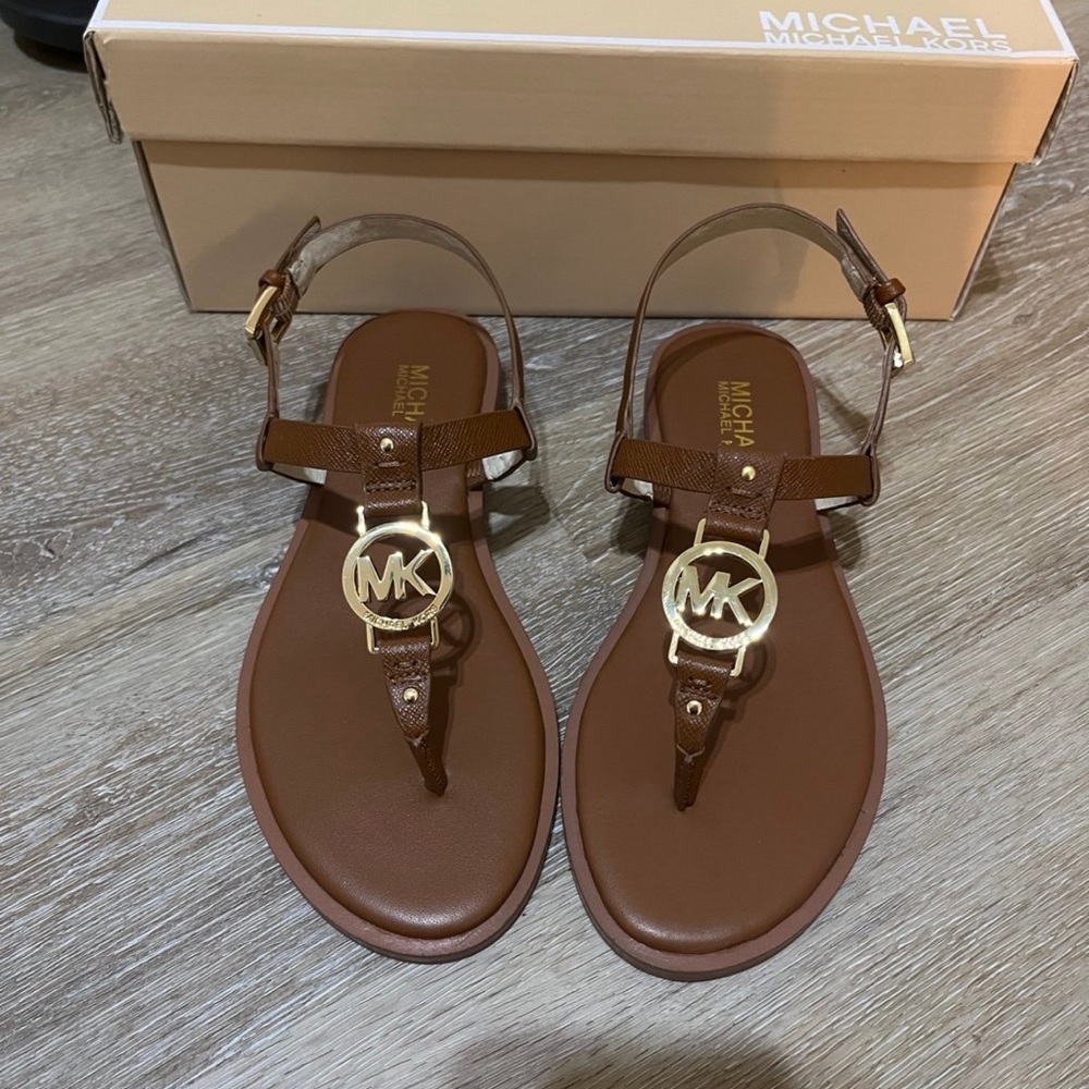 Michael Kors Brown Leather Logo T-Strap Sandals with Gold Accents
